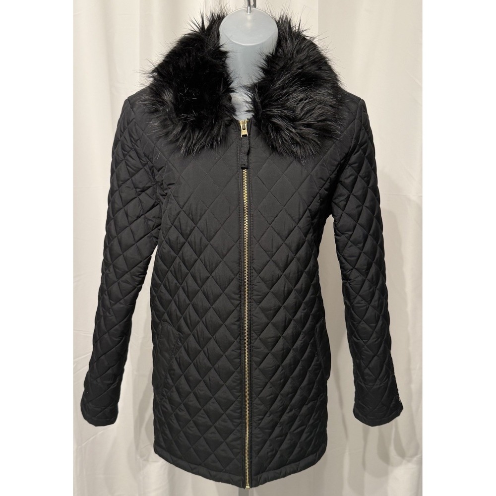 Tommy Hilfiger Black Long Puffer Jacket With Removable Faux Fur Collar Side Zips